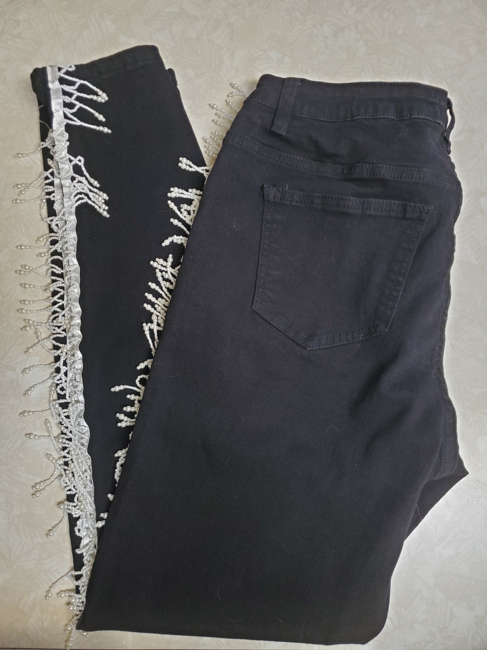 VENUS Black Skinny Jeans with Pearl Beaded Fringe